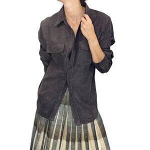 NWT brown faux suede oversized minimalist button down long sleeve shirt S